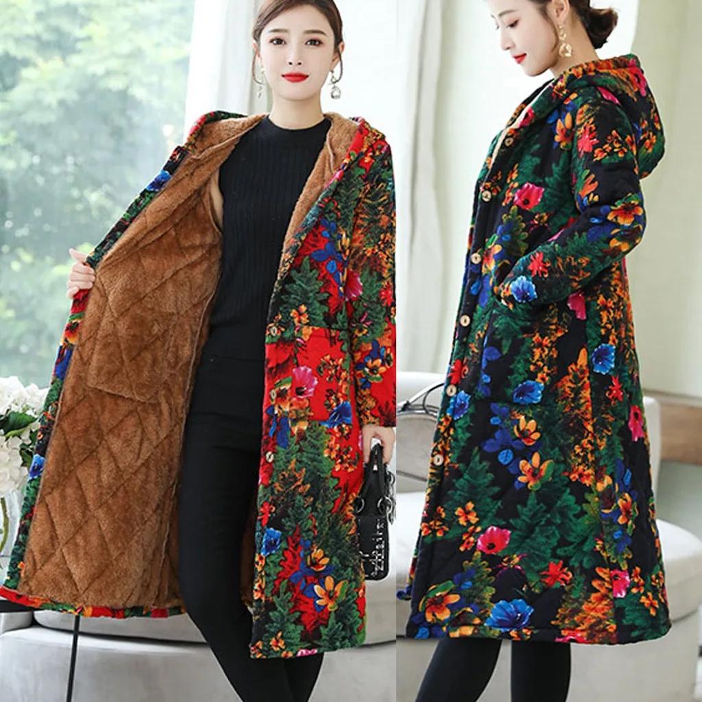 

Fashion Loose Top Clothes Women Hooded Warm Coat Retro Printing Cotton Clothing Long Coat Gh6