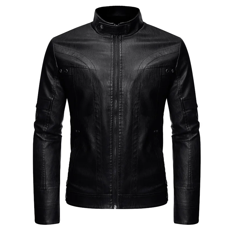 

2019 Autumn And Winter New Style Solid Color Leather Coat Joint Stand Collar Zipper Men's Locomotive Handsome Youth Leather Jack