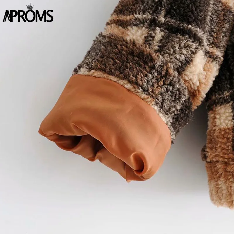 discount Aproms Vintage Brown Plaid Trucker Jacket Women Winter Warm Teddy Basic Cropped Coat Female Autumn