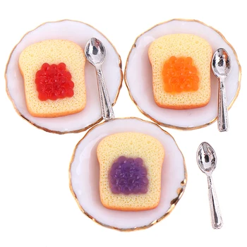 

3Pcs 1/12 Scale Dollhouse Mini Toast With Small Plate Spoon Miniature Dollhouse Accessories Cute Decoration Toast kitchen toy