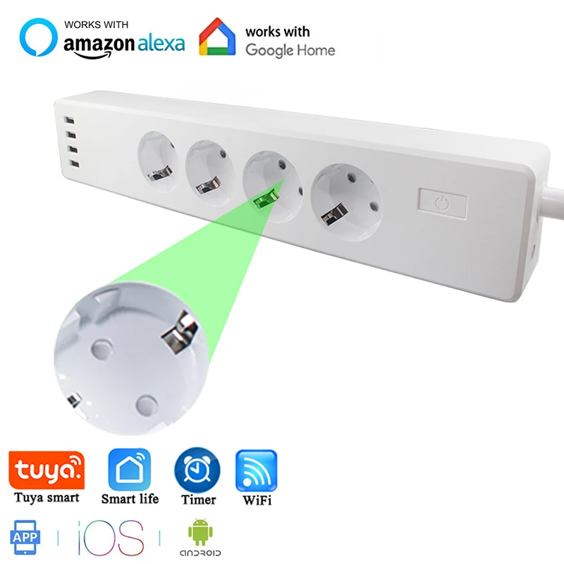 Regleta inteligente con WIFI, enchufe estándar europeo enchufes y 4 puertos USB, Compatible con y Google Home|Enchufes eléctricos| - AliExpress