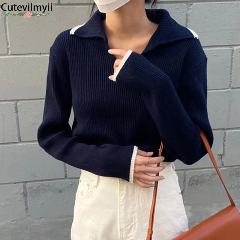 

Hot Sales Casual Turn-down Collar Women Knitted Pullovers Basic Autumn Winter Full Sleeve Slim Female Solid Sweaters Jumpers