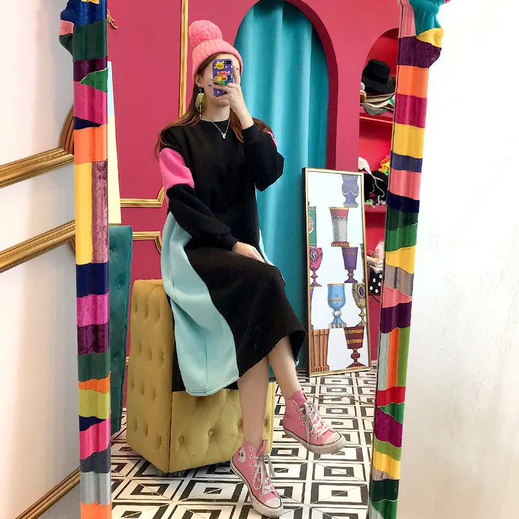 SHENGPALAE, новинка, весеннее, шикарное, индивидуальное, круглый вырез, геометрический рисунок, хит, цвет, свободное, длинное, сохраняющее тепло, плотное платье для женщин 5D124