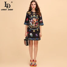 LD LINDA Делла, летнее модное подиумное платье, женское платье с коротким рукавом, черное платье с принтом ангела на молнии сзади, женское свободное винтажное платье