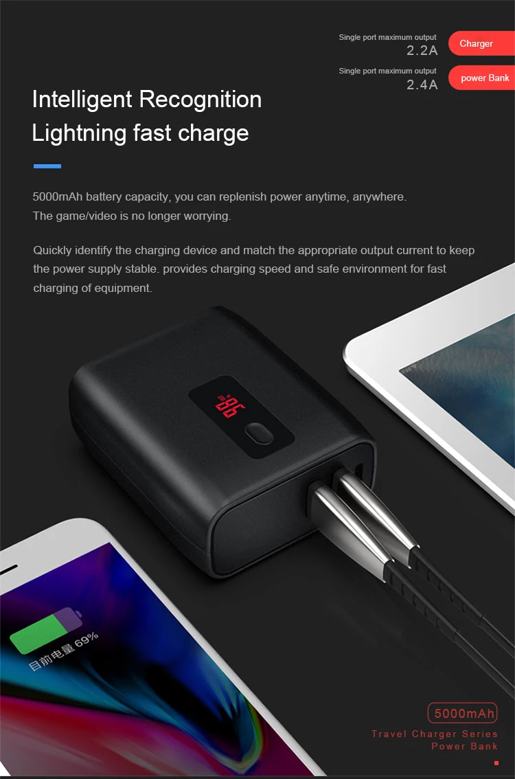 CYKE Mobile power charging head two in one multi-function self-contained plug digital display power
