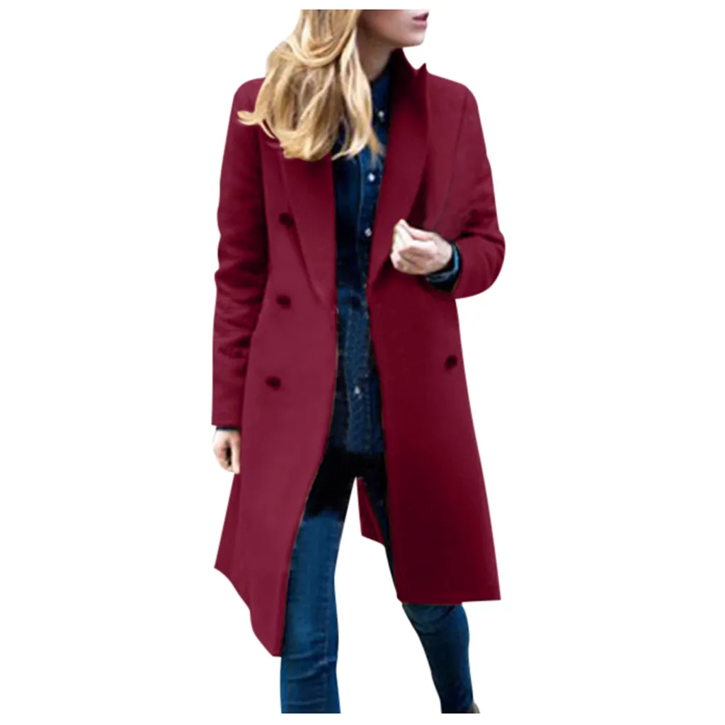 Winter Women Lapel Woollen Blends Coat Solid Trench Jacket Oversize Long Overcoat Turn-Down Collar Outwear Jacket Plus Size Coat