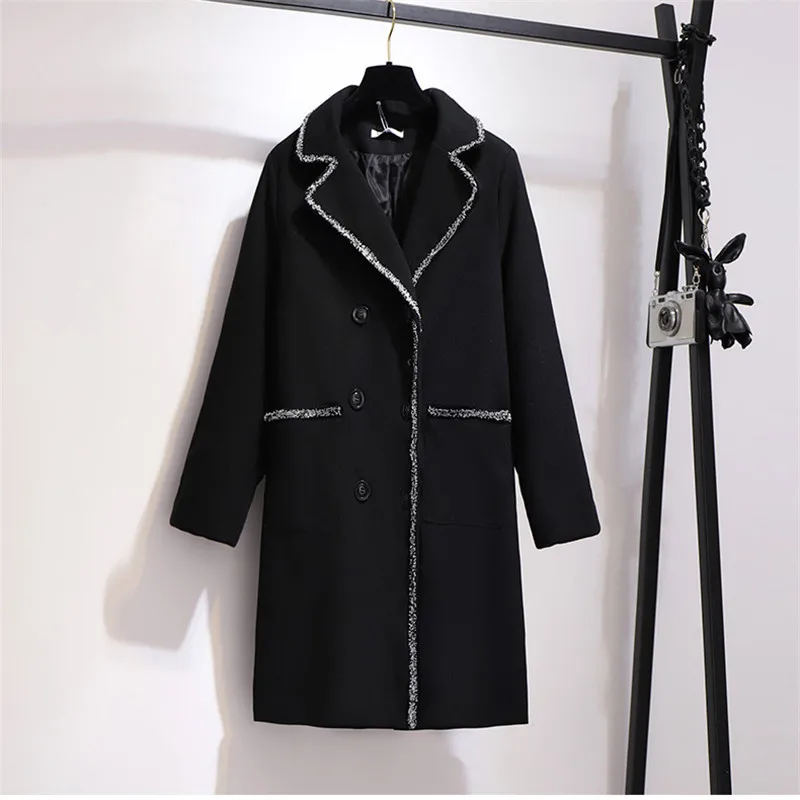 Повседневное женское осенне-зимнее толстое длинное шерстяное пальто большого размера модная черная шерстяная ветровка женская верхняя одежда XA391