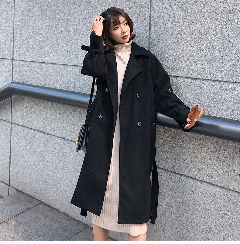 [EWQ] осеннее Новое теплое зимнее шерстяное пальто в консервативном стиле с отложным воротником и длинными рукавами Корейская свободная синяя верхняя одежда QL38605