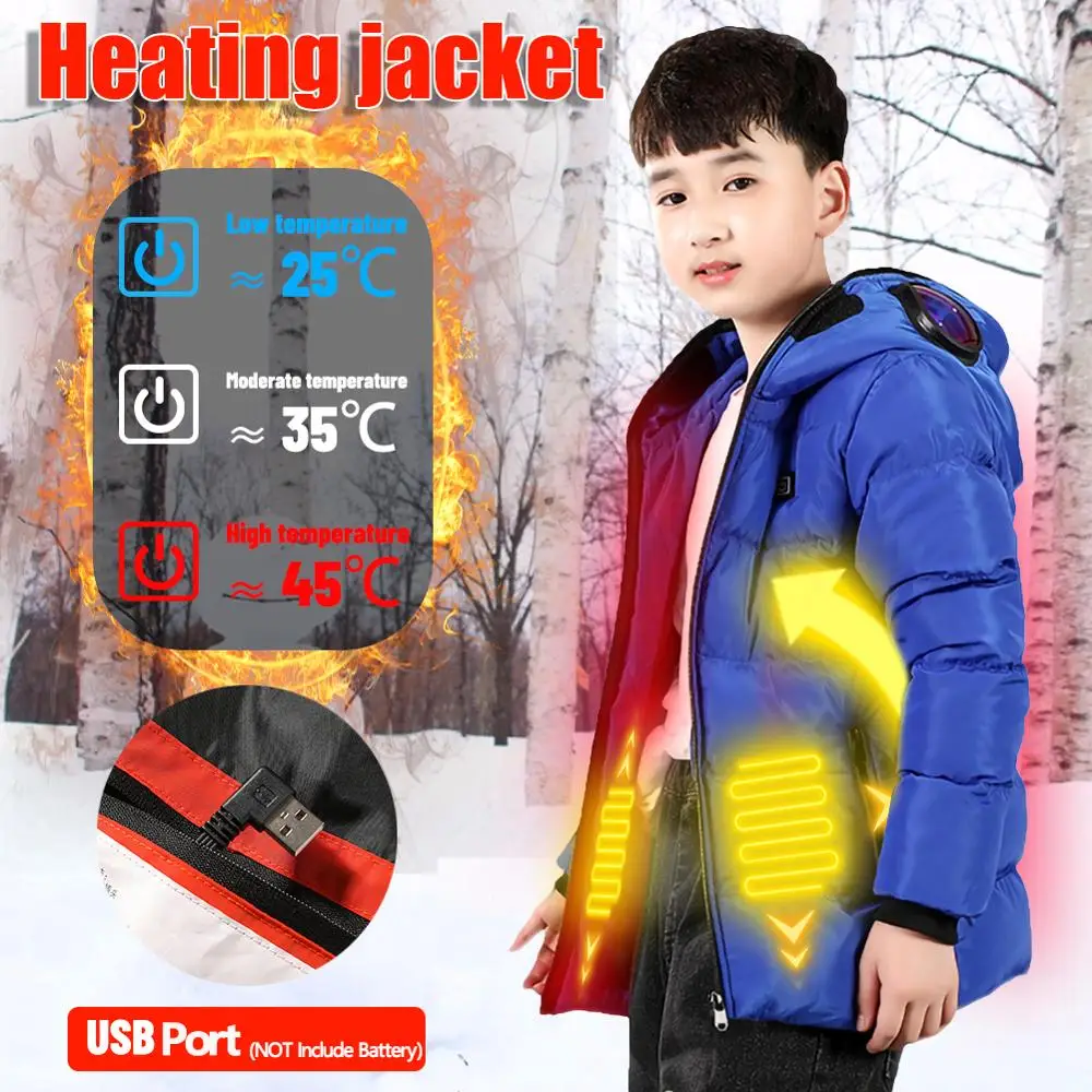 

Children's USB Heating Jacket Smart Thermostat Solid Color Hooded Heating Jacket Warm Jacket for Outdoor Fishing Hunting Camping