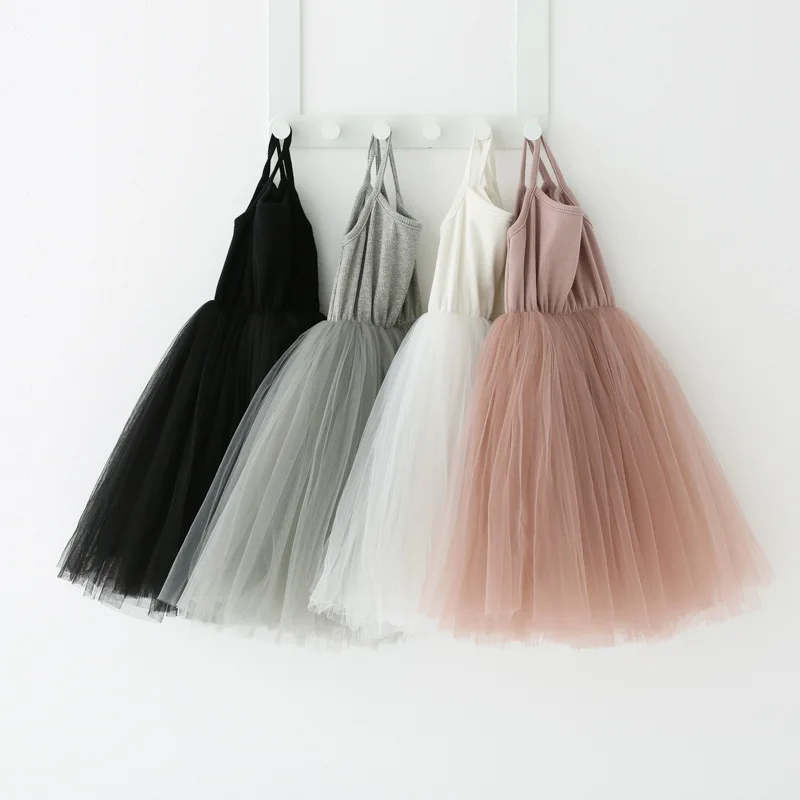 

2020 Summer Kid Girl Solid Sling Tutu Dress Basic Style Toddler Girl White Pink Gray Black Layer Tutu Dresses Wedding Party Wear