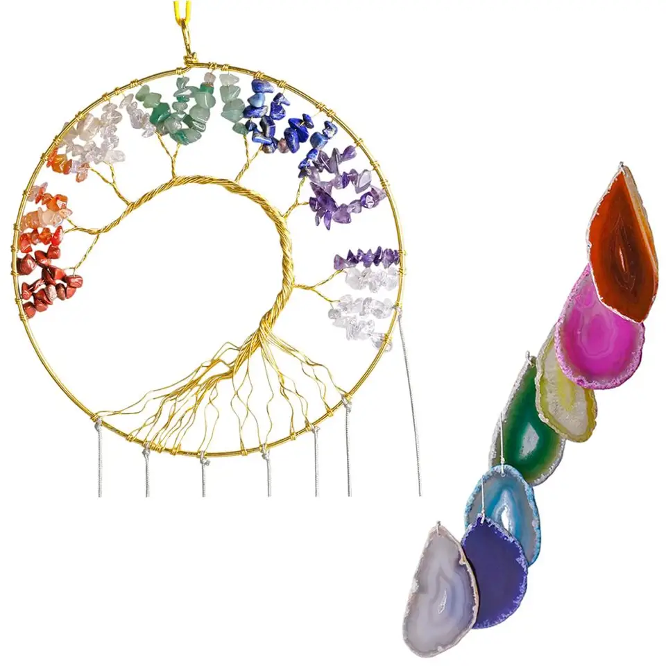 CrystalTears 7 Chakra Tree of Life Crystal Hanging Ornament Handmade Feather Dream Catcher Car Wall Hanging for Good Luck Meditation Home Car Decoration