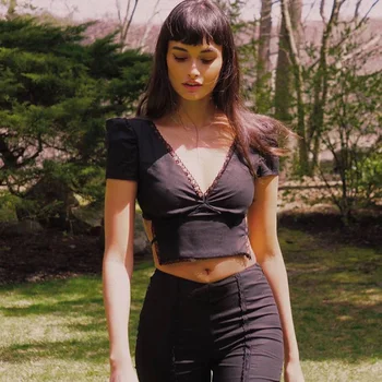 

Women's top summer sexy deep V-neck short bubble sleeve T-shirt 2020 fashion new lace splicing lace up clothing