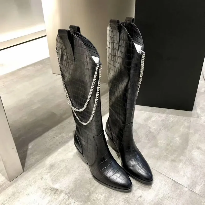 Сапоги до колена; женская обувь с цепочкой; Botas Mujer; модные женские сапоги; chaussures femme; зимние женские сапоги с острым носком на молнии; Botas