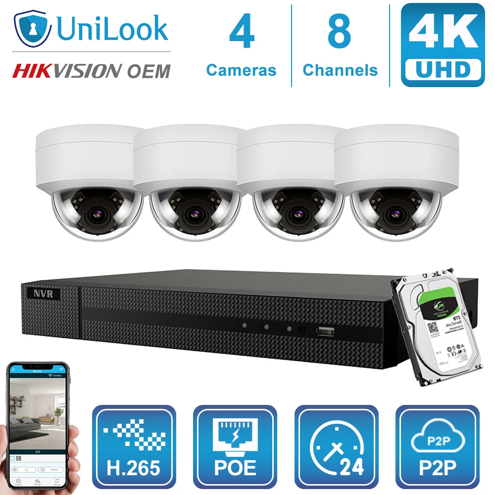  Hikvision OEM 4K 8CH NVR 8MP POE IP Camera 4/6/8PCS Kit Outdoor Security Systems ONVIF H.265 CCTV N
