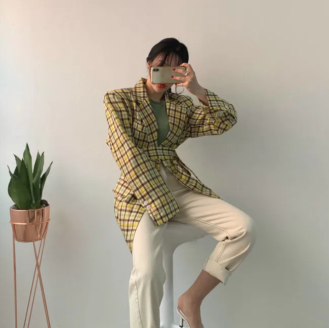 

2019 Autumn And Winter New Style Small Fold-down Collar INS Hot Selling Plaid Suit Jacket Women's Korean-style Loose-Fit Online
