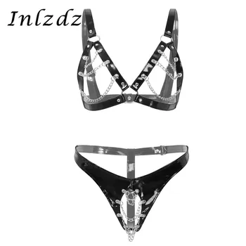 

Womens Leather Harness Straps Lingerie Set Open Bust with Metal Chains Bra Top and Thong Underwear for Roleplay Costume Clubwear