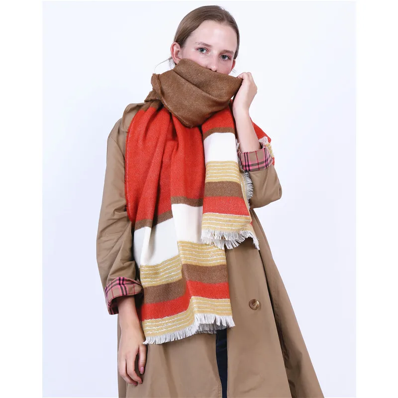 Яркий клетчатый шарф для Aw2019. Женский утолщенный Яркий шелковый полосатый цветной кашемировый теплый шарф-шаль