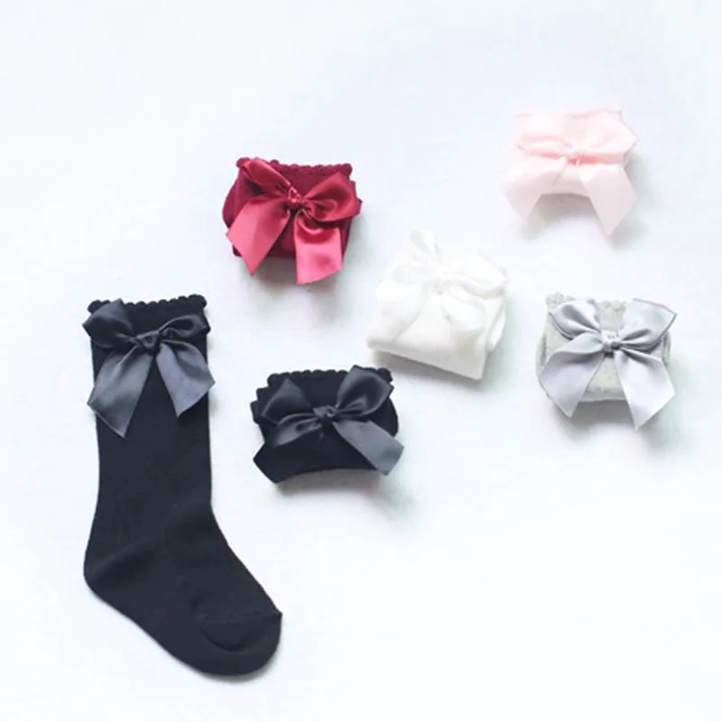 Hilittlekids/зимние однотонные теплые гольфы для маленьких девочек с бантиками; длинные Детские ботиночки принцессы; носки в Вертикальную Полоску
