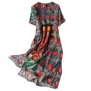

Indie Folk real silk dress Straight Print Short sleeve O-Neck robe longue femme ete boh mian elegant dress for wedding guest