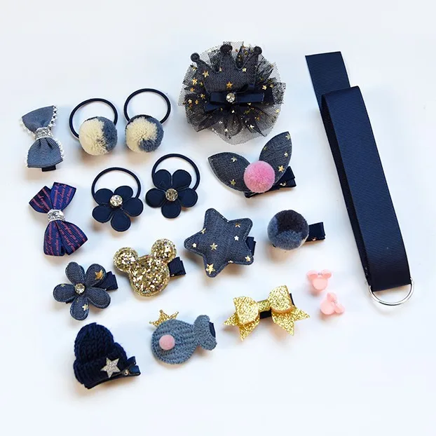 18pcs/set Children Cartoon Hair Clip Headwear Boxed Hairpin Rope Accessories Ring Circle Kid Lovely Rubber Band Girl Gift - Цвет: Blue