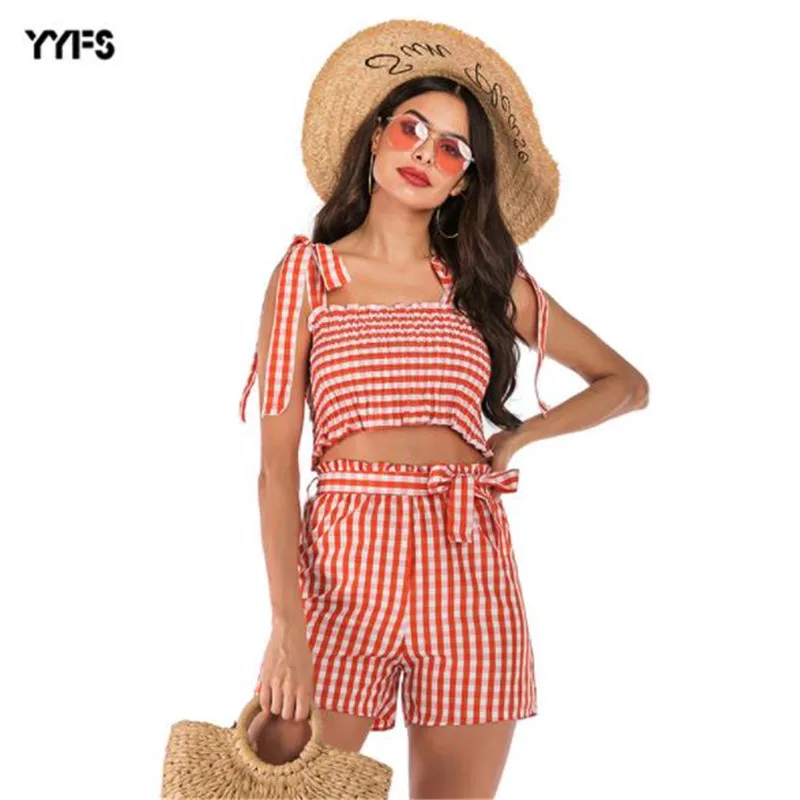 

YYFS Womens Summer 2Pcs Chiffon Suits Strapless Praitie Chic Style Female Clothing Short Pants Bathing Suits