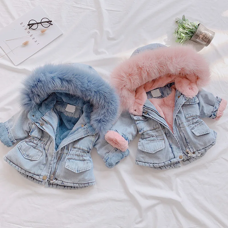

Winter Baby Girl Denim Jacket Plus Velvet With Fur Hooded Warm Coat Toddler Girl Outerwear Coat 2-6 Years Kids Infant Girl Parka