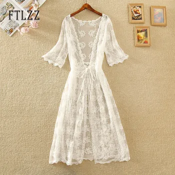 

Summer Seaside Holiday Wind Women Medium Long Jackets 2020 Korean Fashion New Ladies 3/4 Sleeve Lace Cardigan Slim Coats