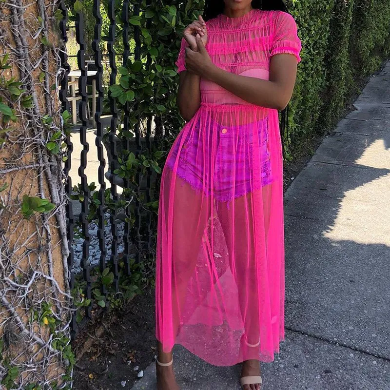 2019 летнее женское прозрачное Сетчатое платье размера плюс неоновое зеленое