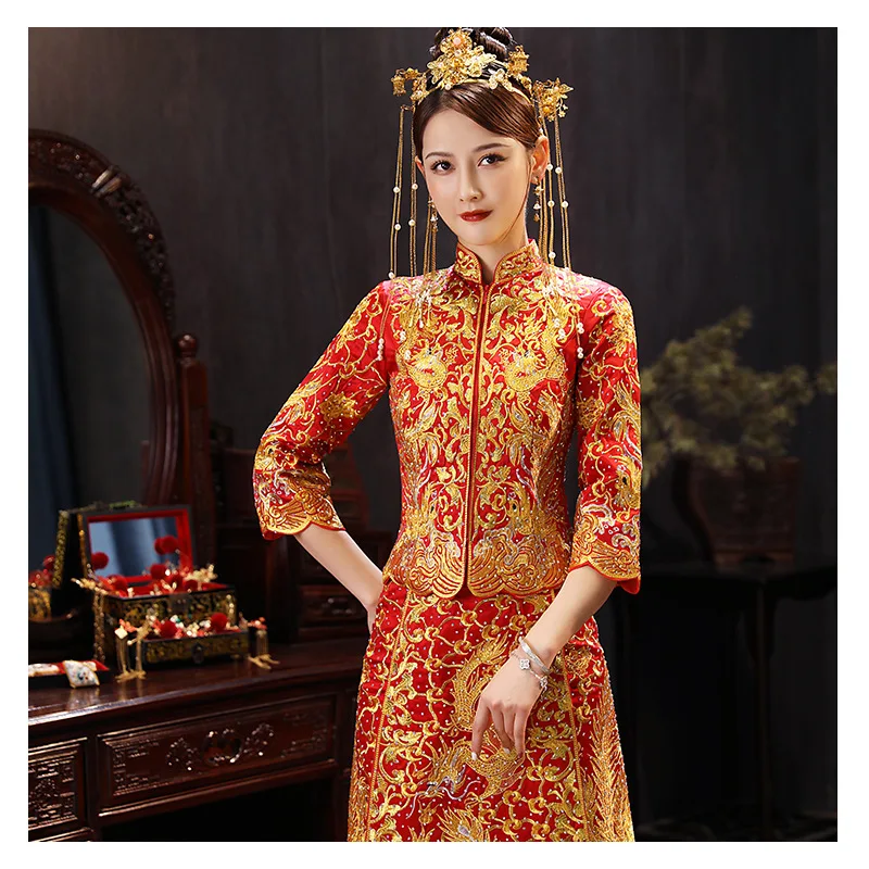 XiuHe высококачественное красное китайское свадебное платье женское Cheongsam Золотое