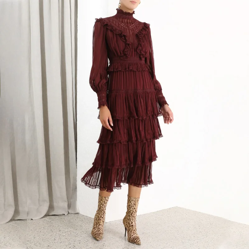 COLOREE Runway дизайнерское женское красное платье элегантное, миди винтажное платье с оборками, Повседневные Вечерние платья с длинным рукавом в стиле пэчворк