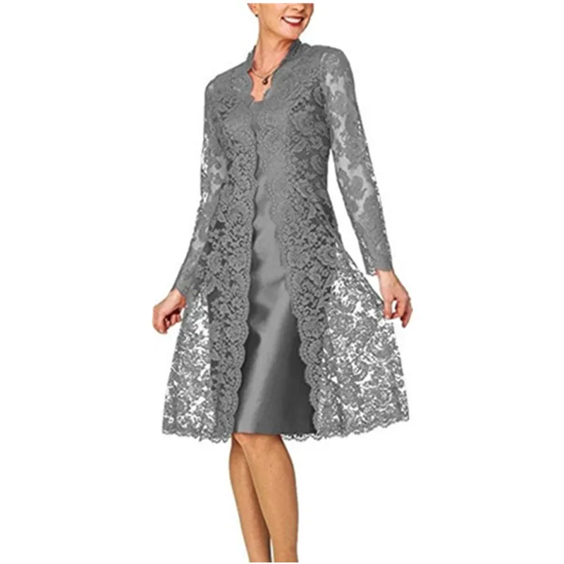 

Dress Suits For Women Two Piece Set With Jacket Mother of The Bride Dresses Long Sleeve Lace Plus Size Wedding Guest Robe 2019