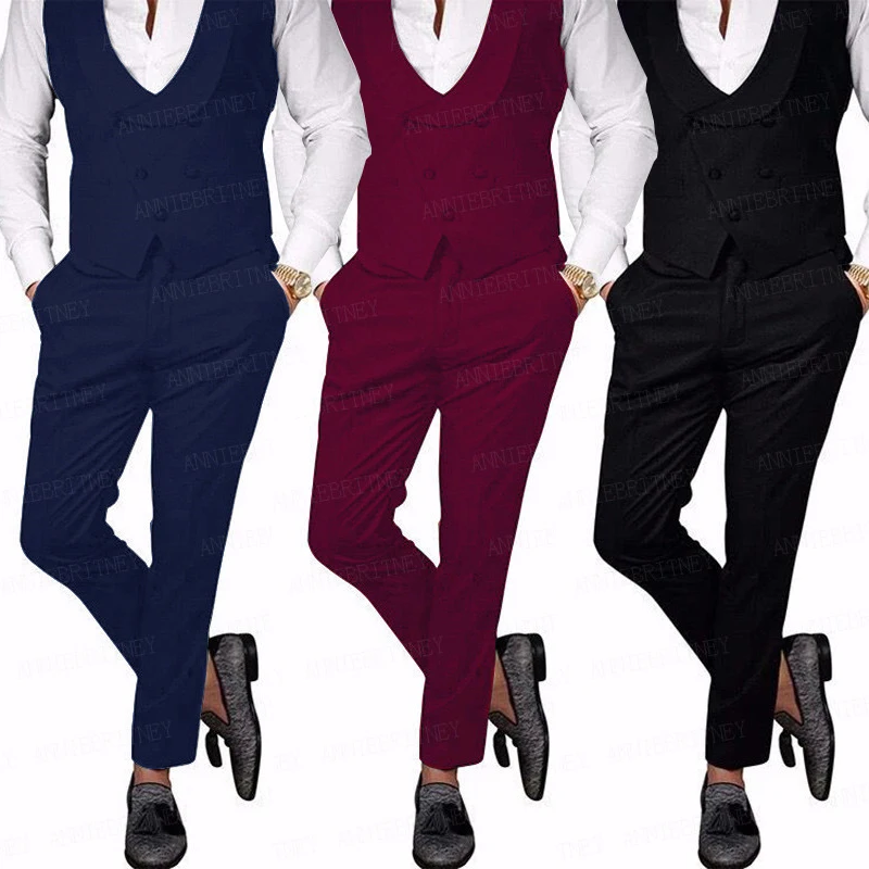 

Latest Black Double Breasted Men Suit Vest with Pants 2 Pieces Set Groom Best Man Wedding Tuxedo Tailored Pink Oversize Clothes