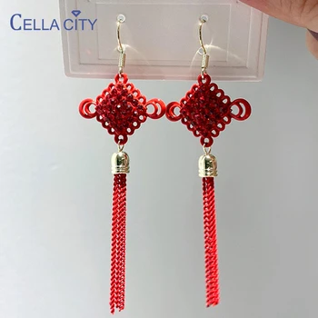

Cellacity Delicate Chinese knot Earrings for Women Silver 925 Jewelry Long Tassels Ear drops Red Zircon Chinese style Wedding