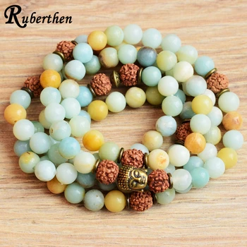 

Ruberthen 8 mm Amazonite 108 Mala Bracelet Natural Rudraksha Buddha Head Bracelet 4 Wrap Chakra Spiritual Hearling Yoga Bracelet