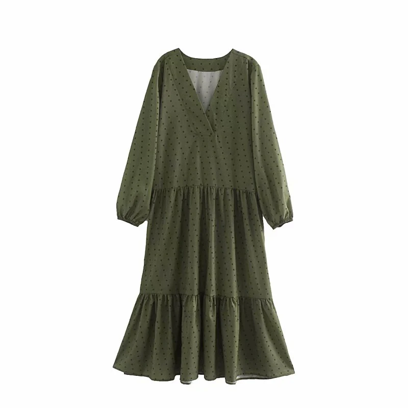 Осень женское платье на каждый день с принтом в горошек платье с v-образным воротом, длинным рукавом, с вышивкой свободное платье Vestidos - Цвет: Зеленый