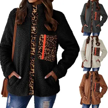 

Women Jacket Female Stand Collar Winter Fashion Leopard Patchwork Overcoat Thick Warm Zipper Coat Soft Outerwear