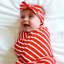 

Red Striped Pattern Newborn Swaddle Blankets and Headband Set Baby Receiving Blankets Bow Turban Infant Swaddling Sleepsack Prop