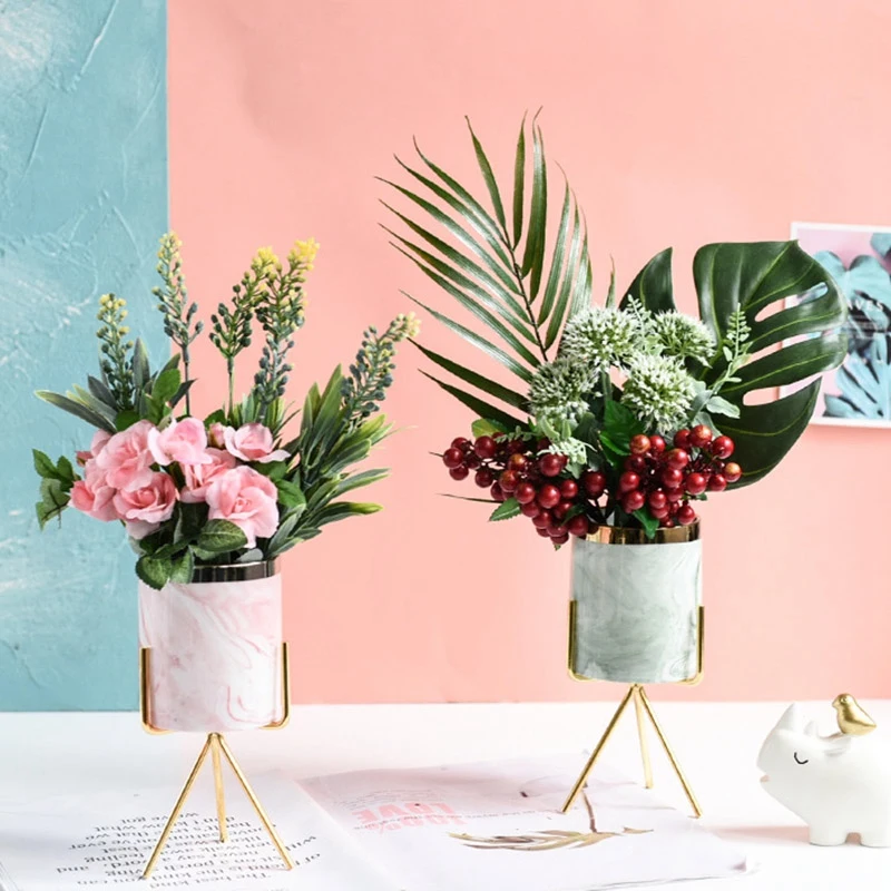 European Style Living Room Decoration Ornament Metal Frame Ceramic Vase Succulent Flower Pot Ceramic