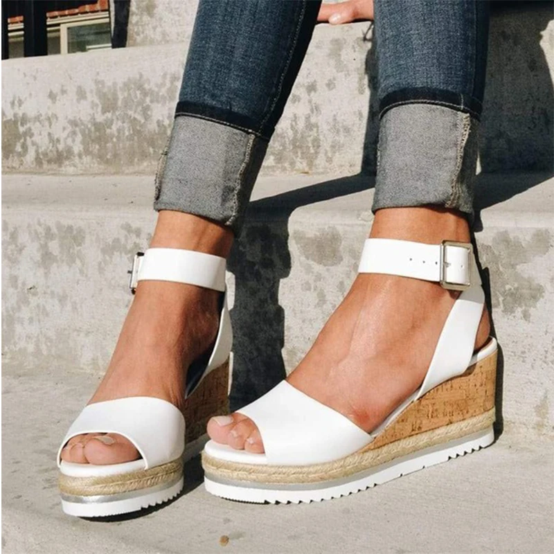 Wedge Sandals Fish Mouth Open Toe Women Buckle Strap Rubber Sandals Golden Ankle Strap PU Shoes Lady Solid High Heel Shoes D25