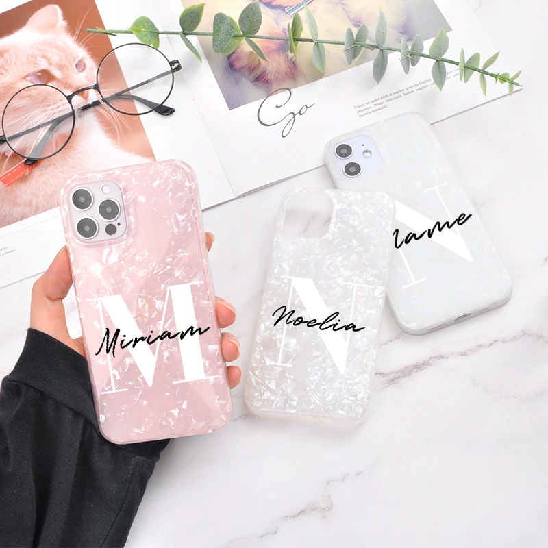 2021 Custom Name Phone Case For iphone 11 12 Pro Max SE 7 8 Plus Initials Name Cover X XS XR XS 6S Mini Marble texture sparkling