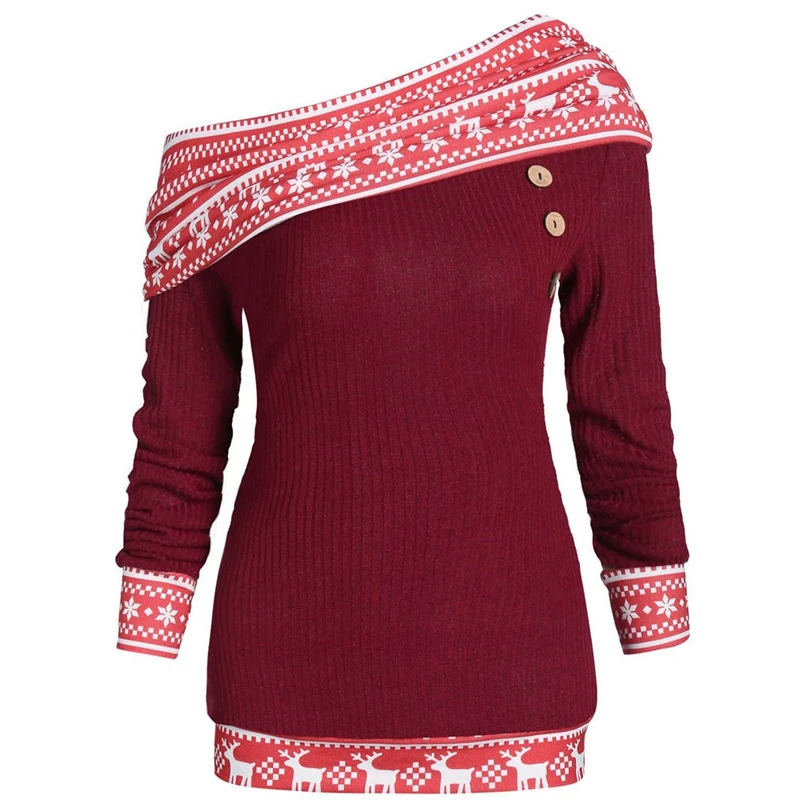 

Women Christmas t Shirt Plus Size 4XL Tee Top Skew Collar Snowflake Print Button Sweatshirt Winter Festival Santa Clothes A40