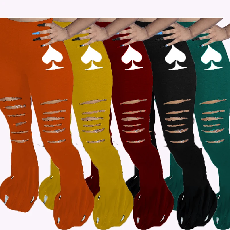 

New Arrival Autumn Women Flare Trousers Hot Selling Solid-color Poker Spades Q Fit Hole All-matching Wide Leg Pants for Woman