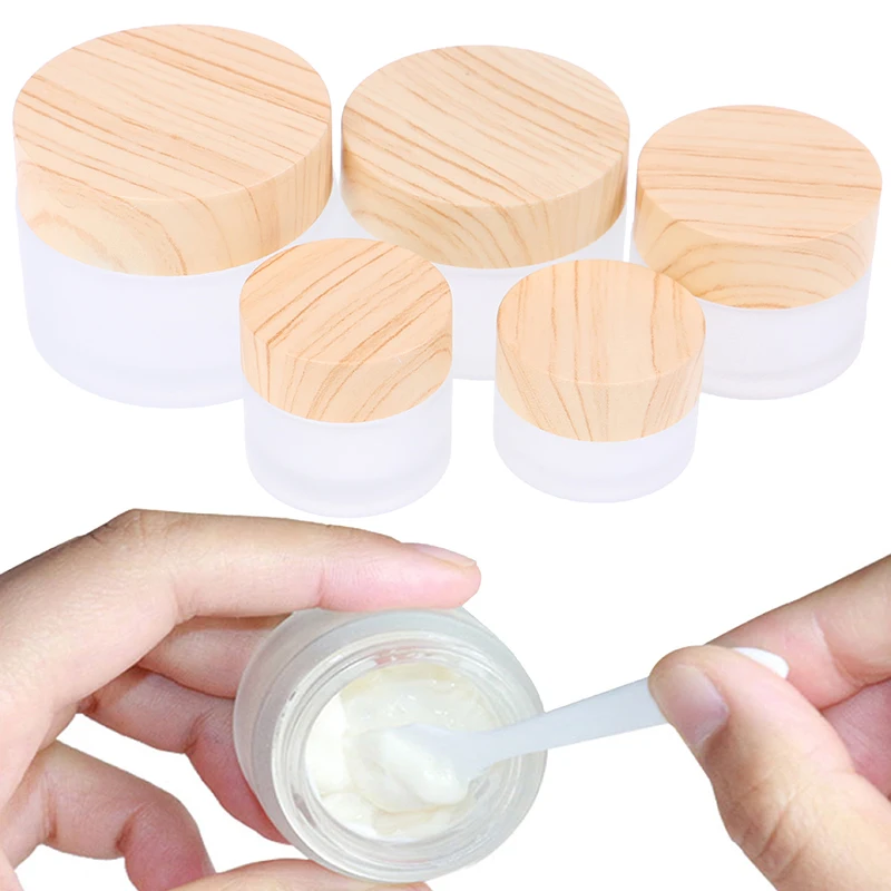 1PCS 5g 10g 15g 30g 50g Frosted Glass Jar Skin Care Eye Cream Jars Pot Refillable Bottle Cosmetic Container With Wood Grain Lid