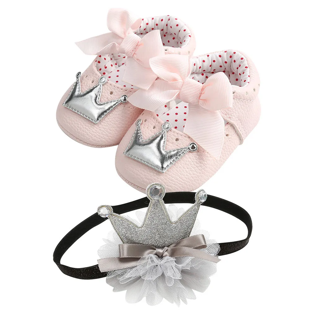 MUQGEW Baby First Walkers Soft Gold Crown Shoes Baby Girl Sequins Bowknot Fashion Toddler First Walkers Kid Shoes+1PC Hairband - Цвет: Silver Pink