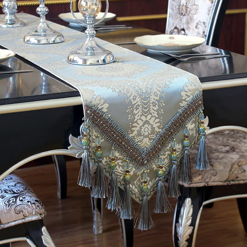 Modern Luxury Jacquard Fabric Floral Table Runner Tassels Tablecloth Table Decor
