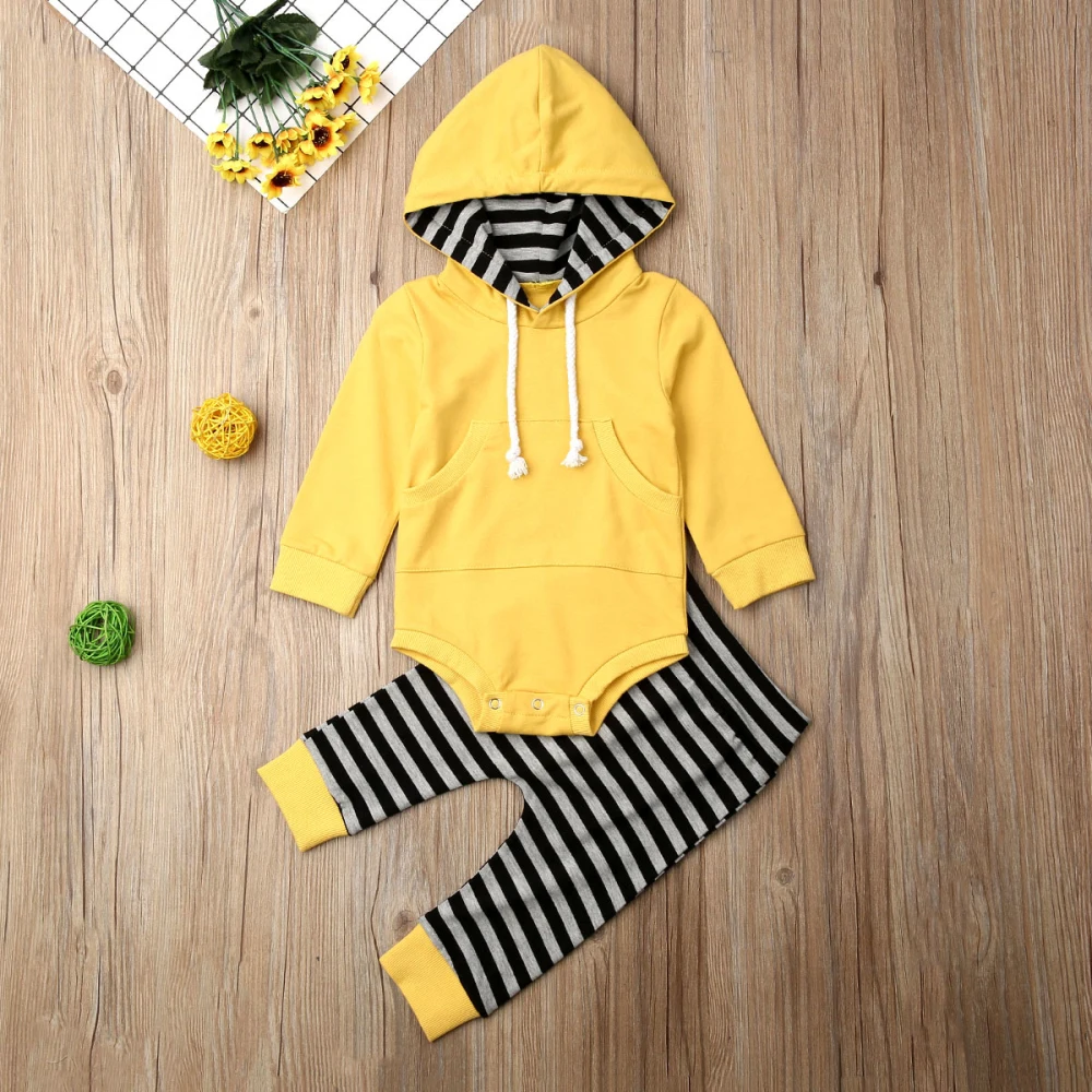 От 0 до 24 месяцев, комплект одежды для новорожденных из 2 предметов, желтый, зеленый, серый капюшон Комбинезоны для маленьких мальчиков, комбинезоны, штаны в полоску комплект для активного отдыха для маленьких мальчиков