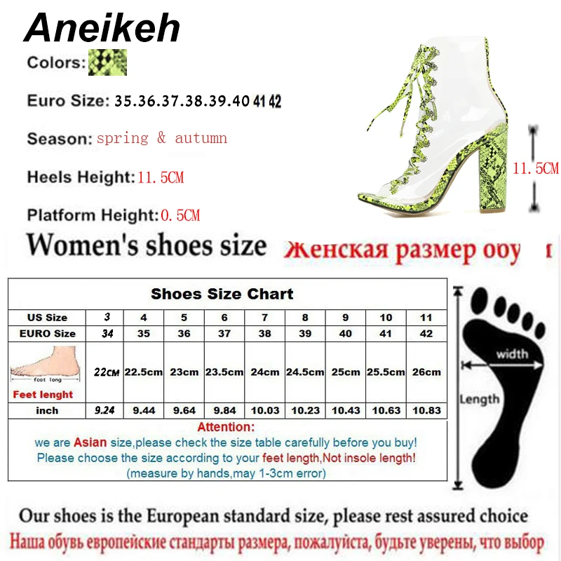 Aneikeh/Новинка года; женские ботинки из ПВХ; прозрачная обувь на шнуровке с открытым носком; танцевальные ботильоны на высоком квадратном каблуке; Размеры 35-42