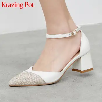 

Krazing pot hot natural leather pointed toe high heels mixed colors buckle strap gentlewomen shallow fashion summer pumps L04