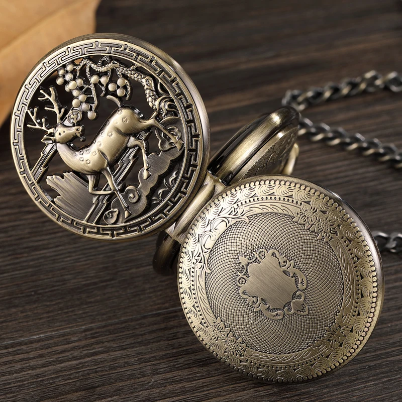 Hollow Deer Skeleton Mechanical Pocket Watch Double Open Cover Fob Chain Christmas Gift Men Steampunk Pendant Gifts Women