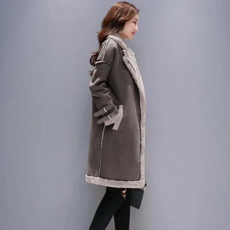 

Winter Motorcycle Lambswool Suede Spliced Woolen Coat Women Vintage Long Sleeve Warm Outerwear Office Lady Elegant Overcoat